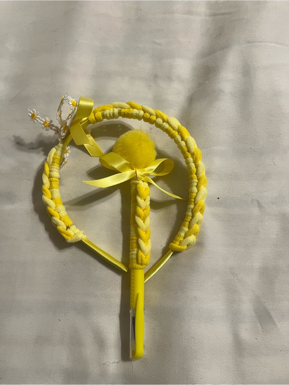 Yellow Braided Kids Headband with Pom Pom and Ribbon Accent